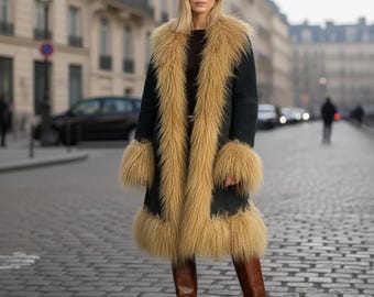 Women’s Black Suede Leather Shearling Coat with Beige Fur | Vintage 70s Afghan Penny Lane | Boho Long Winter Jacket Gift for Her & Mom