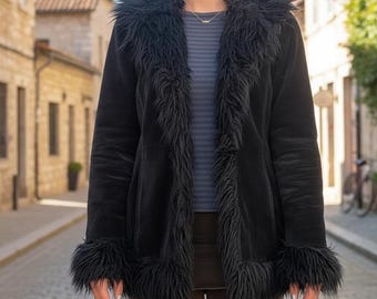 Women’s Black Suede Penny Lane Shearling Coat | 70s Afghan Jacket with Mongolian Fur Trim | Boho Winter Coat Gift for Her