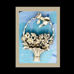 Vintage Beau Designed Sterling Silver Basket of Flowers Brooch with Bow