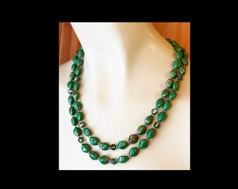 Necklace  Green Murano Glass Bead Gold Flecking Double Strand
