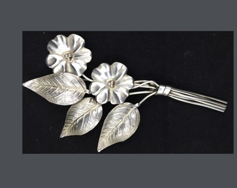 Old Sterling Silver Floral Brooch signed