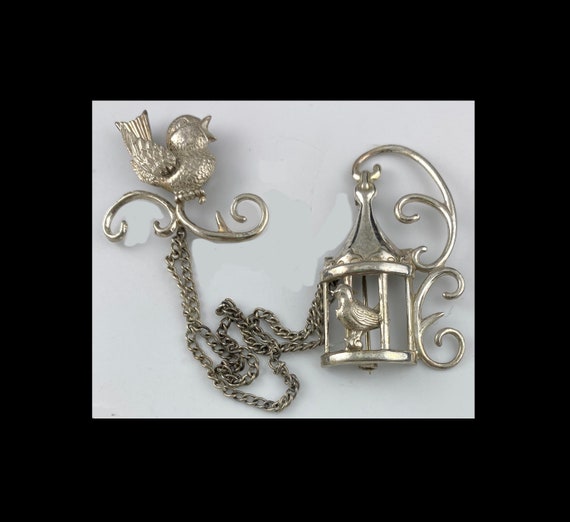 LANG Two Bird Brooches in Chatelaine Style with Co