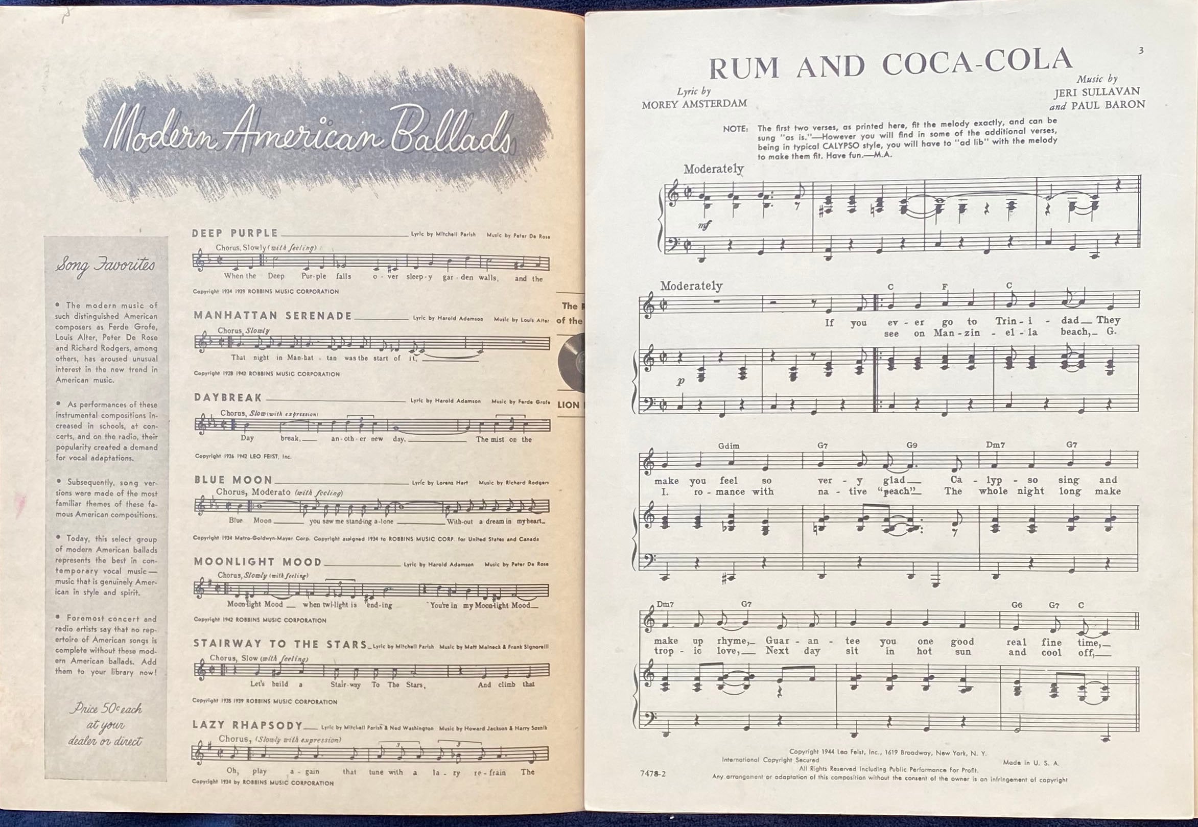 Rum and Cocacola. Hit Song by Andrew Sisters. 1944. Etsy UK