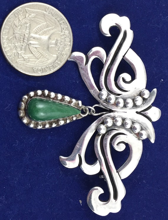 Mexican  Silver Brooch With Malachite Stone Dangle Isidro