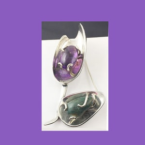 Big Vintage Los Castillo Taxco  Silver Brooch Mexico  Malachite and Amethyst Cabochons