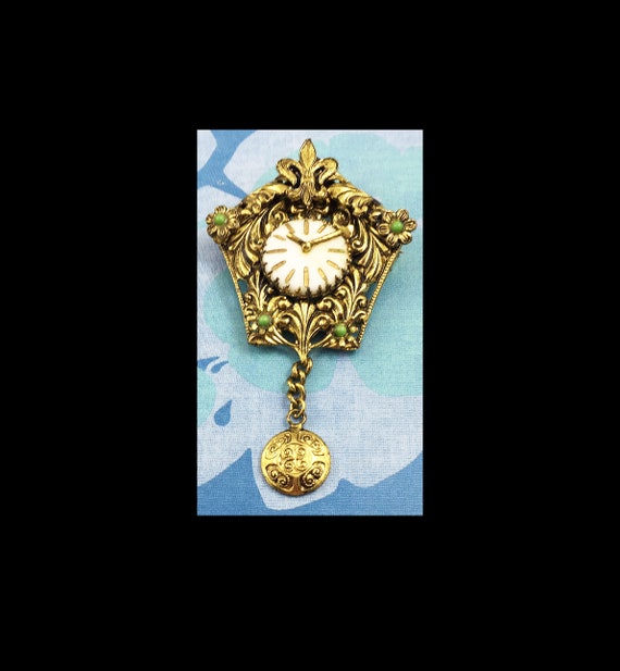 Vintage CUCKOO CLOCK Brooch signed CZECHOSLOVAKIA 