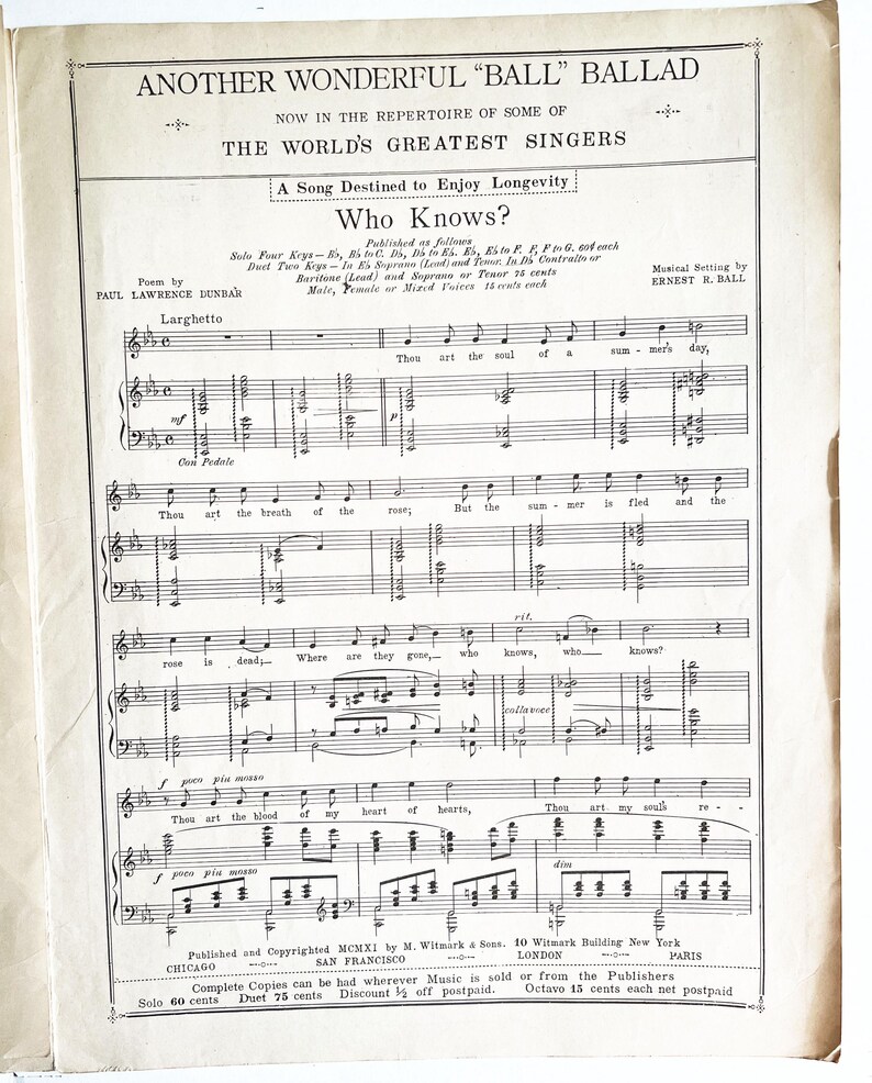 May include: A vintage sheet music score for a song titled "Who Knows?" by Paul Lawrence Dunbar. The song is described as a "Ball Ballad" and is set to a larghetto tempo. The sheet music includes musical notation and lyrics.