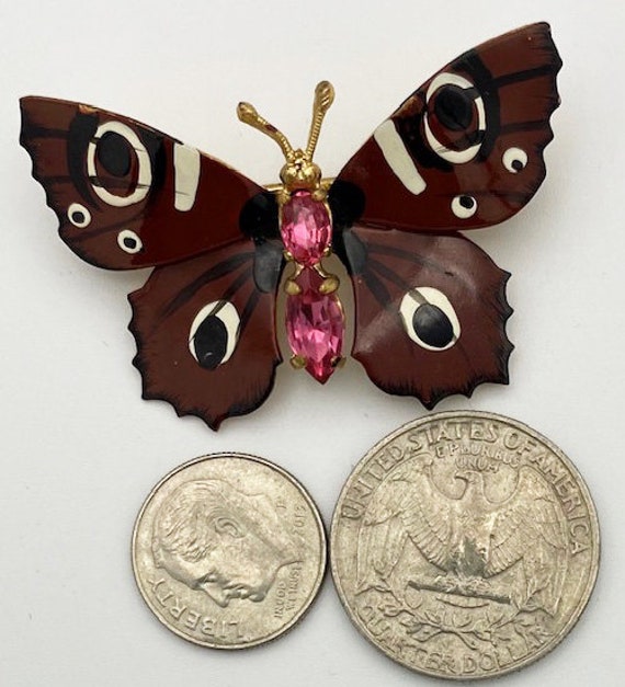 Butterfly Brooch Czech Enameling & Rhinestones. V… - image 4