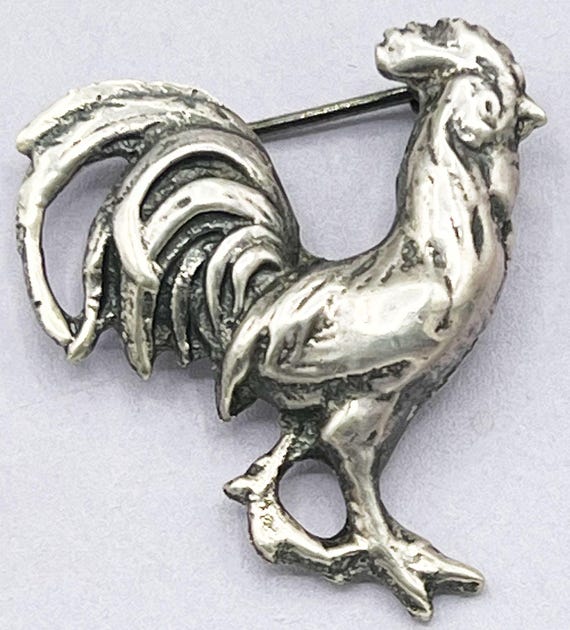 Rooster Vintage Solid Silver Rooster Brooch - Mid… - image 4