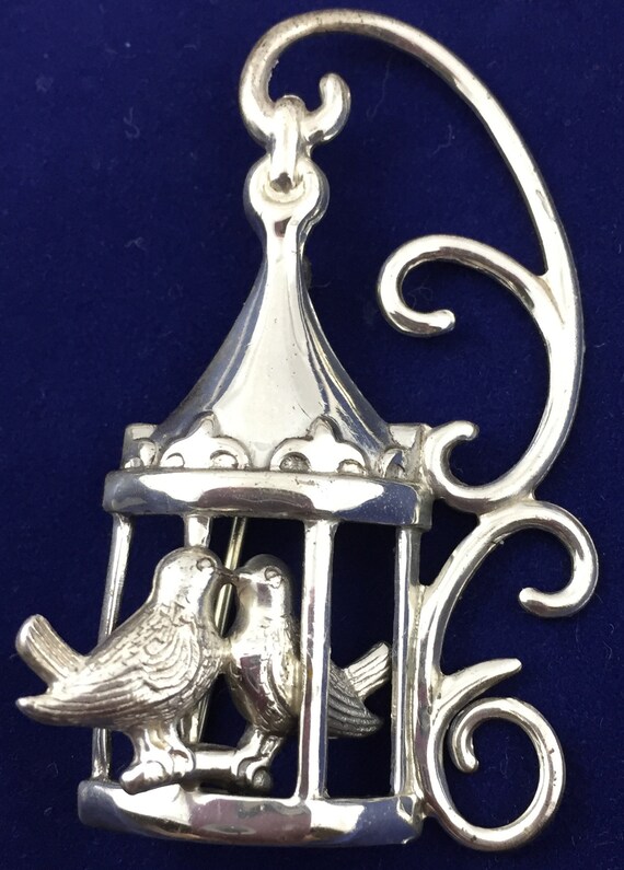 Vintage Lang Love Birds Brooch: 3D Birdcage Pin -… - image 5