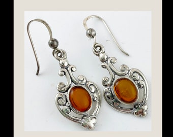 Amber  Drop Earrings  Sterling Silver Setting