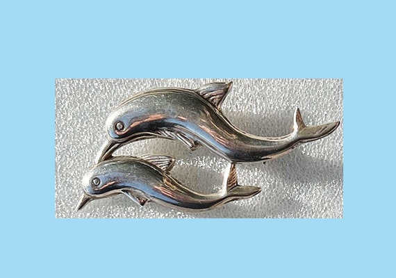 Double Dolphin Brooch. Sterling Silver. Signed "b… - image 1