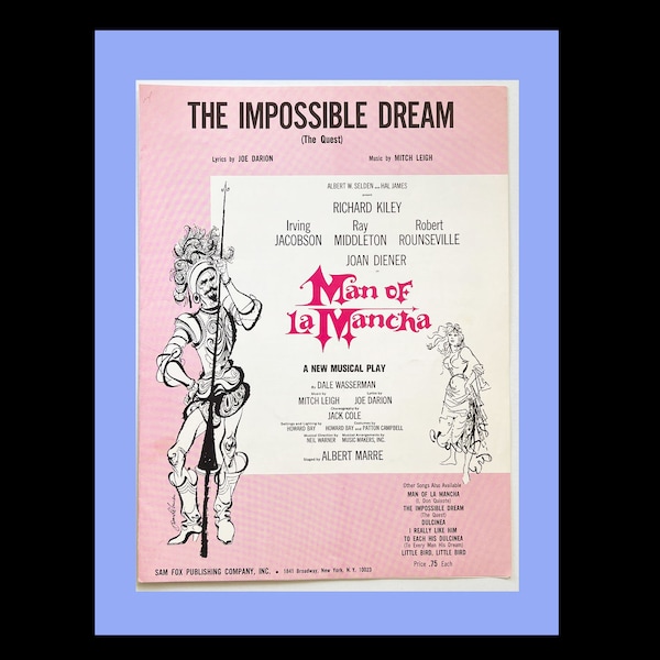 The Impossible Dream.  Vintage Sheet Music  1965. From Musical Man of La Mancha