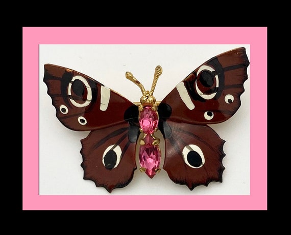 Butterfly Brooch Czech Enameling & Rhinestones. V… - image 1