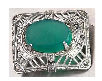 ART DECO STERLING Brooch  1020s Chryoprase and Marcasite stones