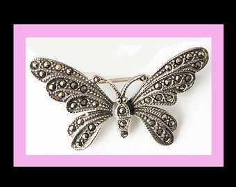 925 Sterling Silver Vintage Real Marcasite Gem Butterfly Pin  display picture 2