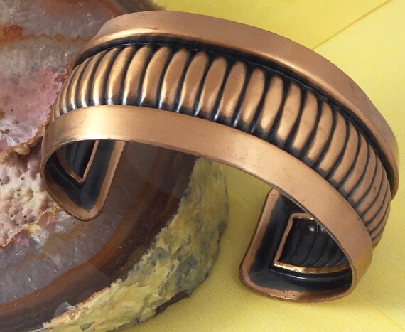 Vintage Solid Copper  Wide Ribbed Cuff Bracelet m… - image 1