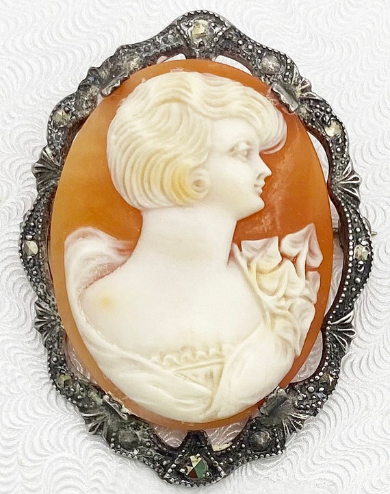 Antique Cameo  Lady Carved Shell set Sterling Sil… - image 9