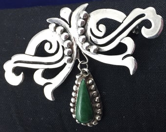 Mexikanische 950 Silber Brosche mit Malachitstein, Isidro Garcia Pina Maricela. Jahrgang