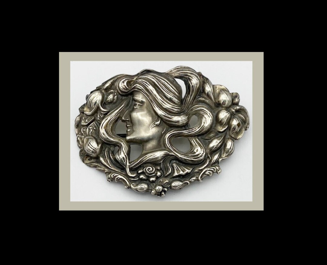 Vintage Large Brooch Woman's Profile Face With Flowers Art Noveau