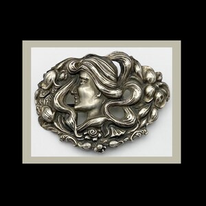 Vintage Large Brooch Woman's Profile Face with Flowers  Art Noveau