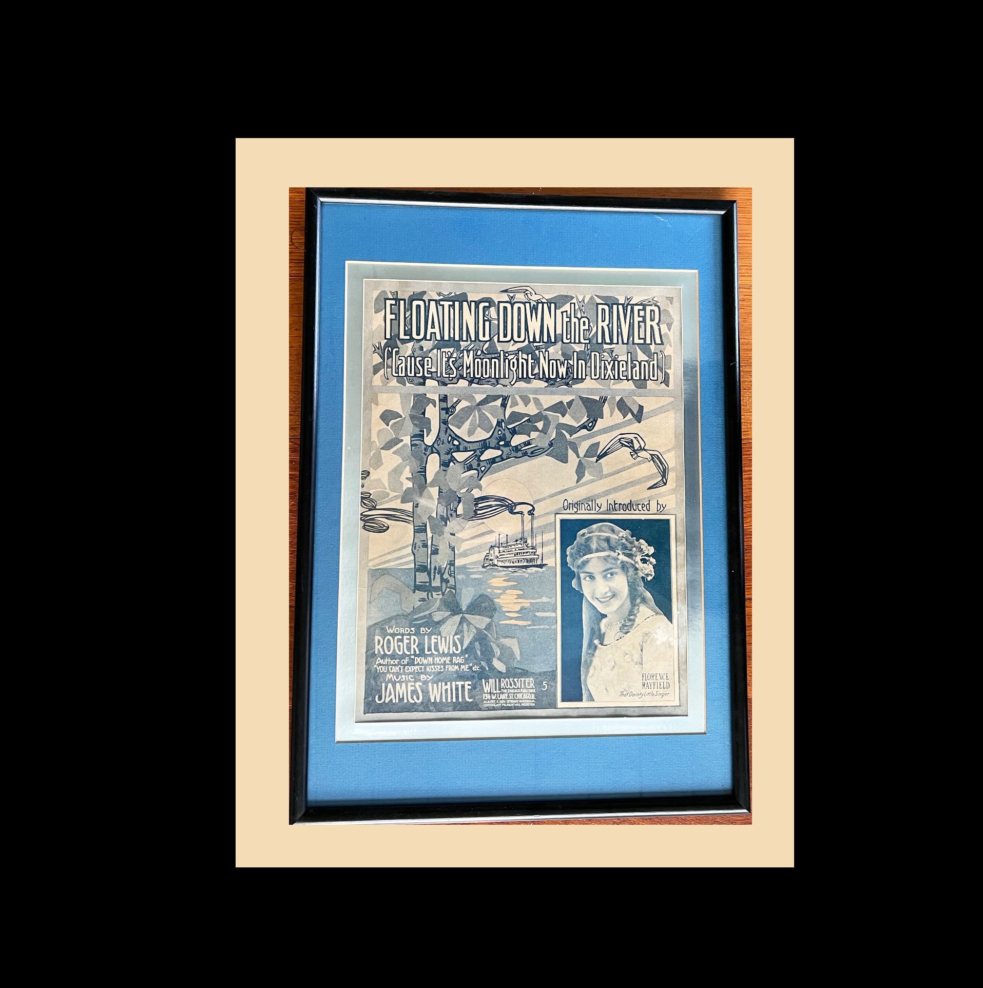 Framed Print Sheet Music Floating Down The River.  1913