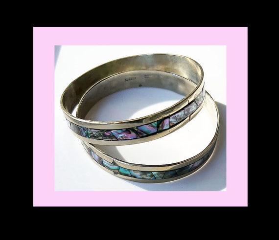 Two Silver and Abalone shell matching Bangle Brac… - image 1