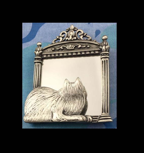 JJ Cat and Mirror Brooch Pin Vintage Pewter