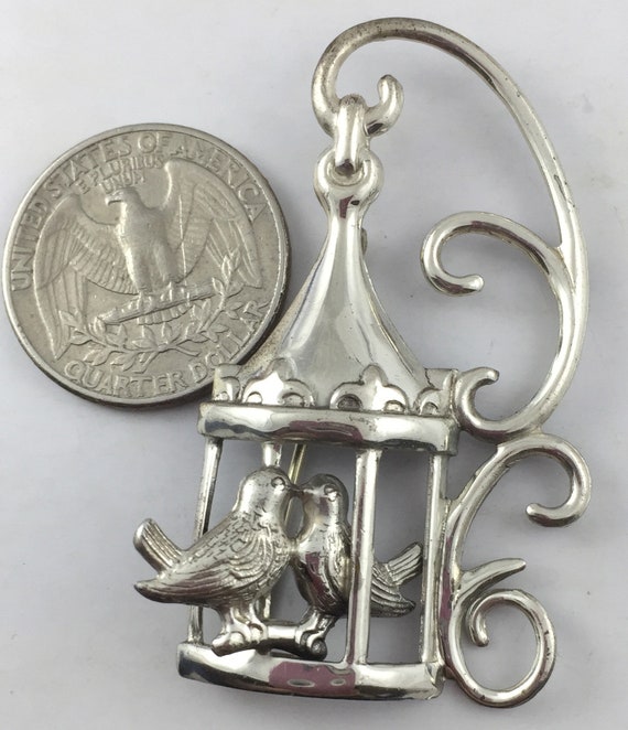 Vintage Lang Love Birds Brooch: 3D Birdcage Pin -… - image 6