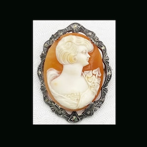 Antique Cameo  Lady Carved Shell set Sterling Silver
