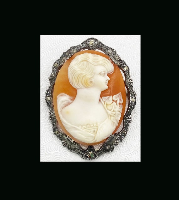 Antique Cameo  Lady Carved Shell set Sterling Sil… - image 1