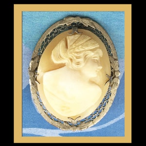 Vintage  Sterling Silver Framed  Shell Cameo Brooch.