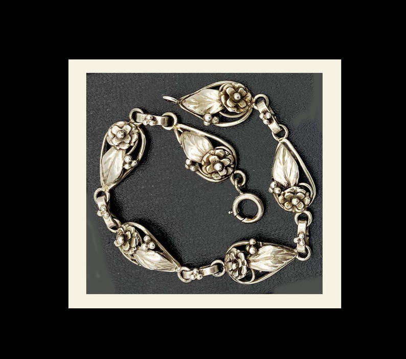 Hobe Sterling Floral Panel Link Bracelet Vintage Signed