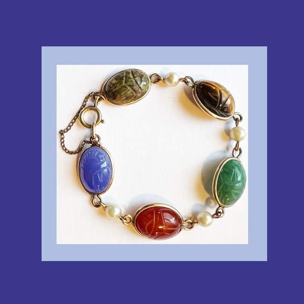 Vintage Van Dell Natural Stone Scarab Design Bracelet Gold Filled.