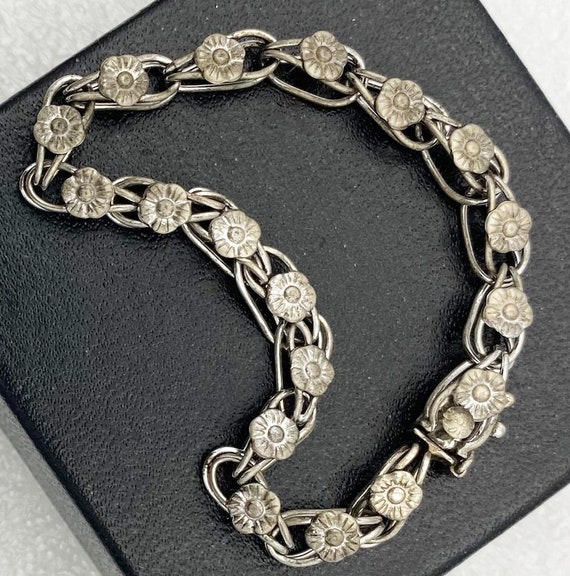 Silver Floral Charm Link Bracelet Signed "Sterlin… - image 9