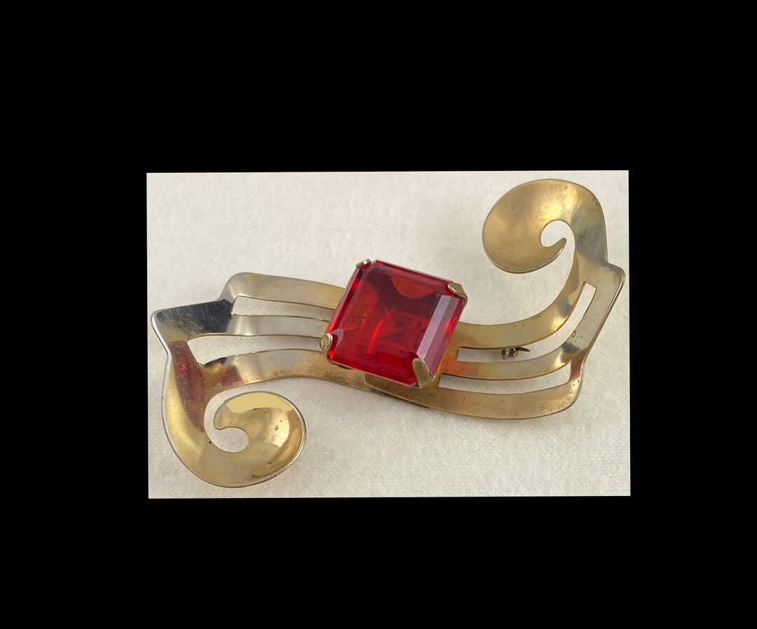 Art Deco Brass Large Red Glass Stone Vintage Antique Brooch Etsy