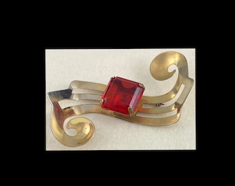 Art Deco Brass Large Red Glass  Stone Vintage Antique Brooch