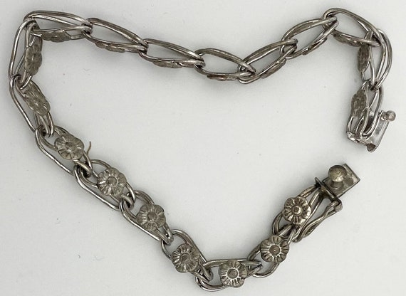 Silver Floral Charm Link Bracelet Signed "Sterlin… - image 6