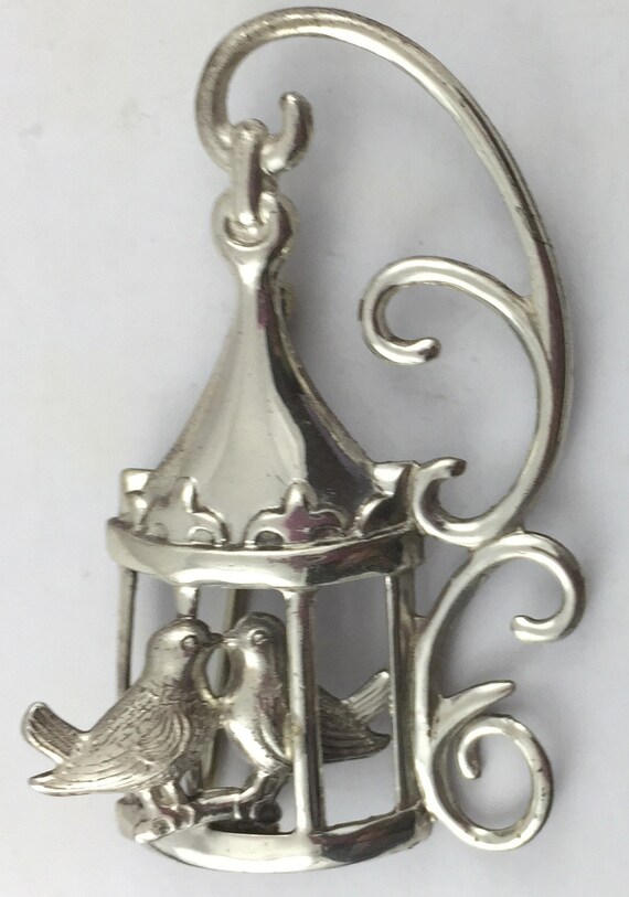 Vintage Lang Love Birds Brooch: 3D Birdcage Pin -… - image 7