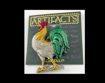 Vintage JJ Pewter Brooch Colorful Rooster, Signed, On attached Artifacts Card