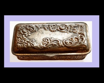 Antique EG Webseter & Son Nickel Silver Dresser Box - Floral Repousse - Footed Trinket Box