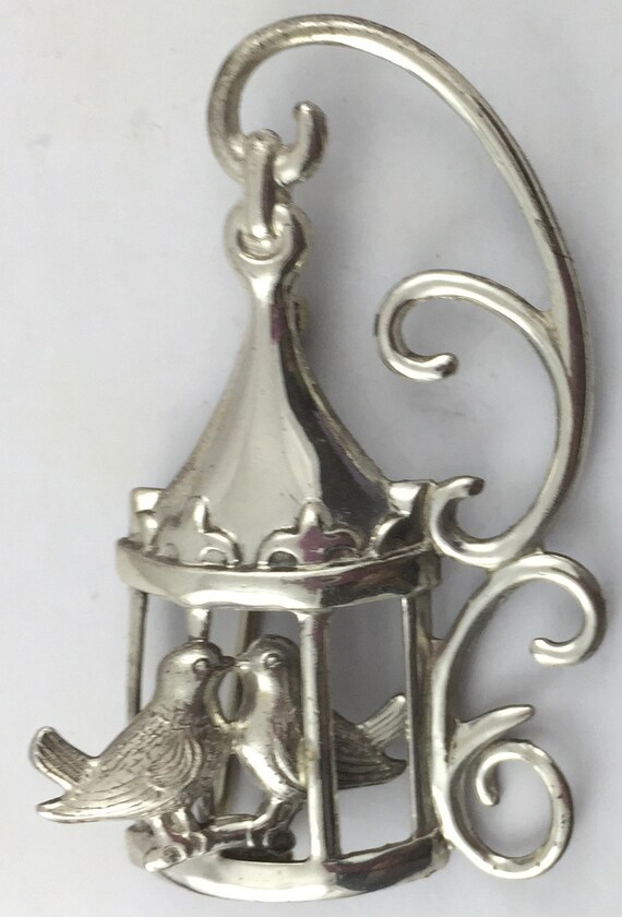 Vintage Lang Love Birds Brooch: 3D Birdcage Pin -… - image 3
