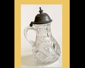 Pressed Glass Syrup Pitcher Vintage, Pewter Lid