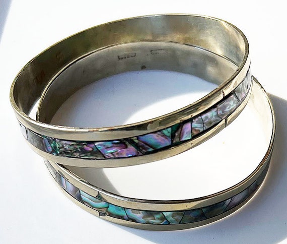 Two Silver and Abalone shell matching Bangle Brac… - image 2