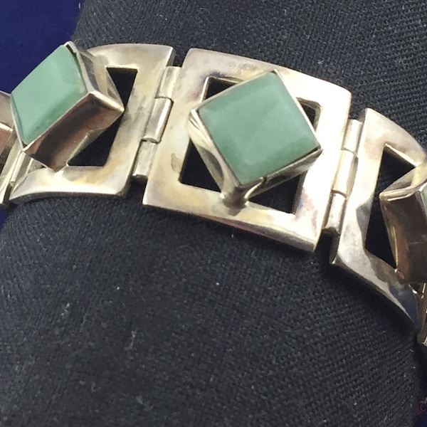 Taxco Mexico Miguel Melendez Sterling Jade  Link Bracelet with safety chain, Signed.