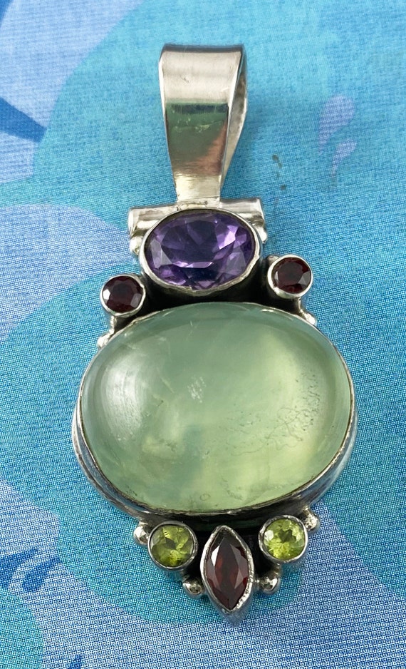 Prehnite Pendant  with Amethyst, Peridot and Garn… - image 3