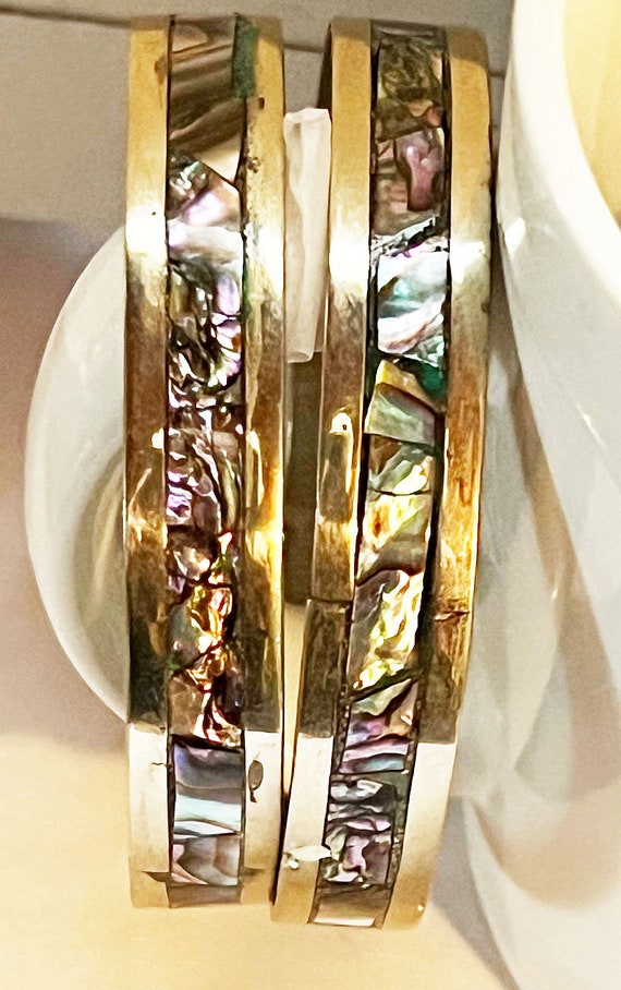 Two Silver and Abalone shell matching Bangle Brac… - image 3