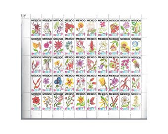 1973-74 Mexico Flowers Stamp Sheet Mint Full Pane 50 Stamps - Native Mexican Floral Philately