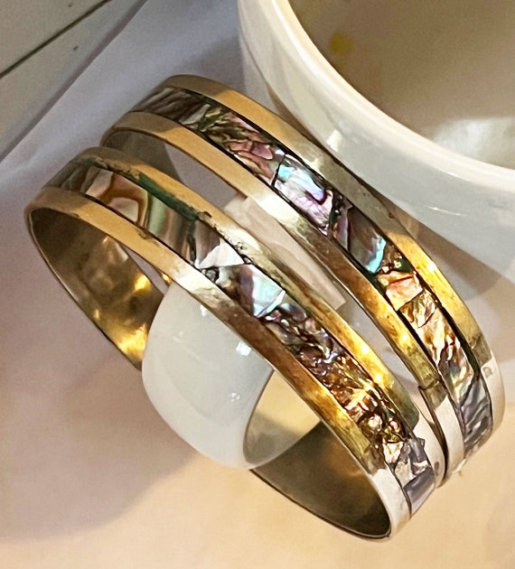 Two Silver and Abalone shell matching Bangle Brac… - image 5