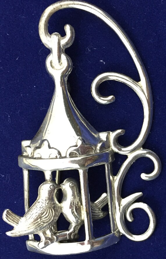 Vintage Lang Love Birds Brooch: 3D Birdcage Pin -… - image 8